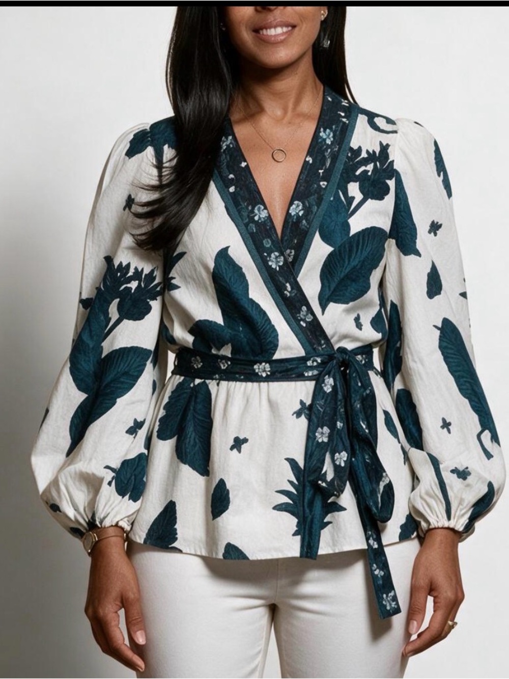 Banana Republic Ivory Wrap Blouse with blue Floral Print size XS